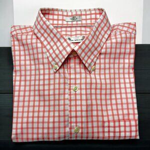Peter Millar Salmon Windowpane Check Button Collar Long‎ Sleeve Shirt